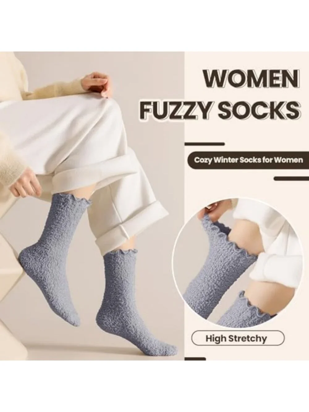 Cozy Fuzzy Ruffle Slipper Socks - Soft Plush Warm Winter Crew - 5 Pairs